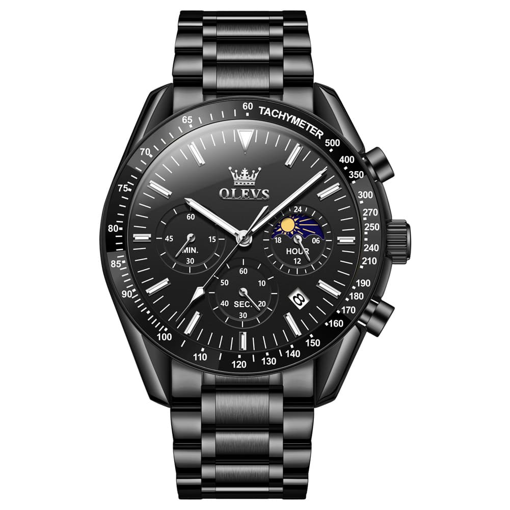 OLEVS 3618 Chronograph Moon Phase Quartz Watch for Men - All Black Watch | Olevs Watch Store