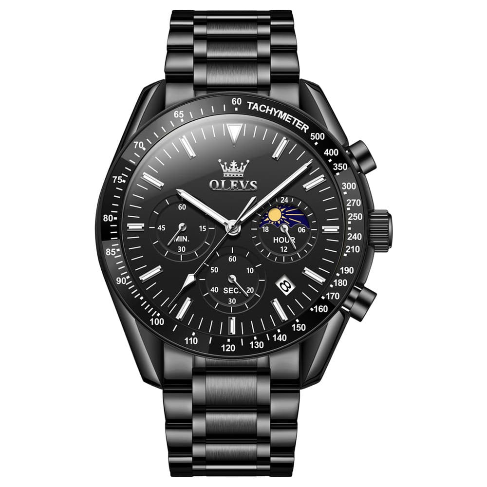 OLEVS 3618 Chronograph Moon Phase Quartz Watch for Men - All Black Watch | Olevs Watch Store
