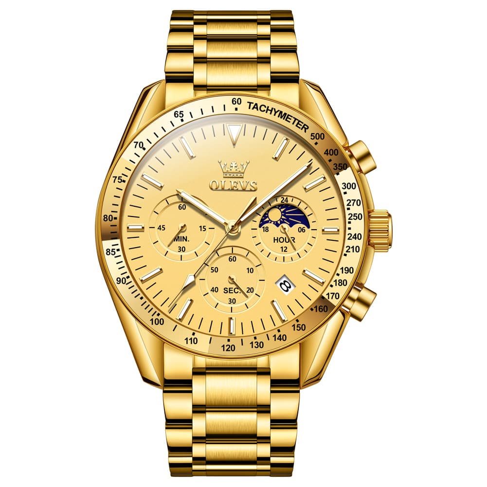 OLEVS 3618 Chronograph Moon Phase Quartz Watch for Men - All Gold Watch | Olevs Watch Store