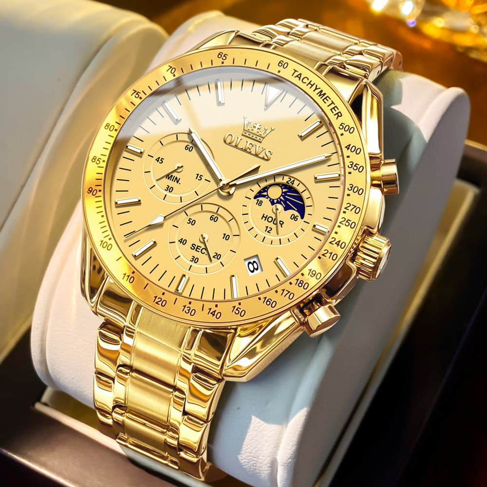 OLEVS 3618 Chronograph Moon Phase Quartz Watch for Men - Rose Gold Watch | Olevs Watch Store