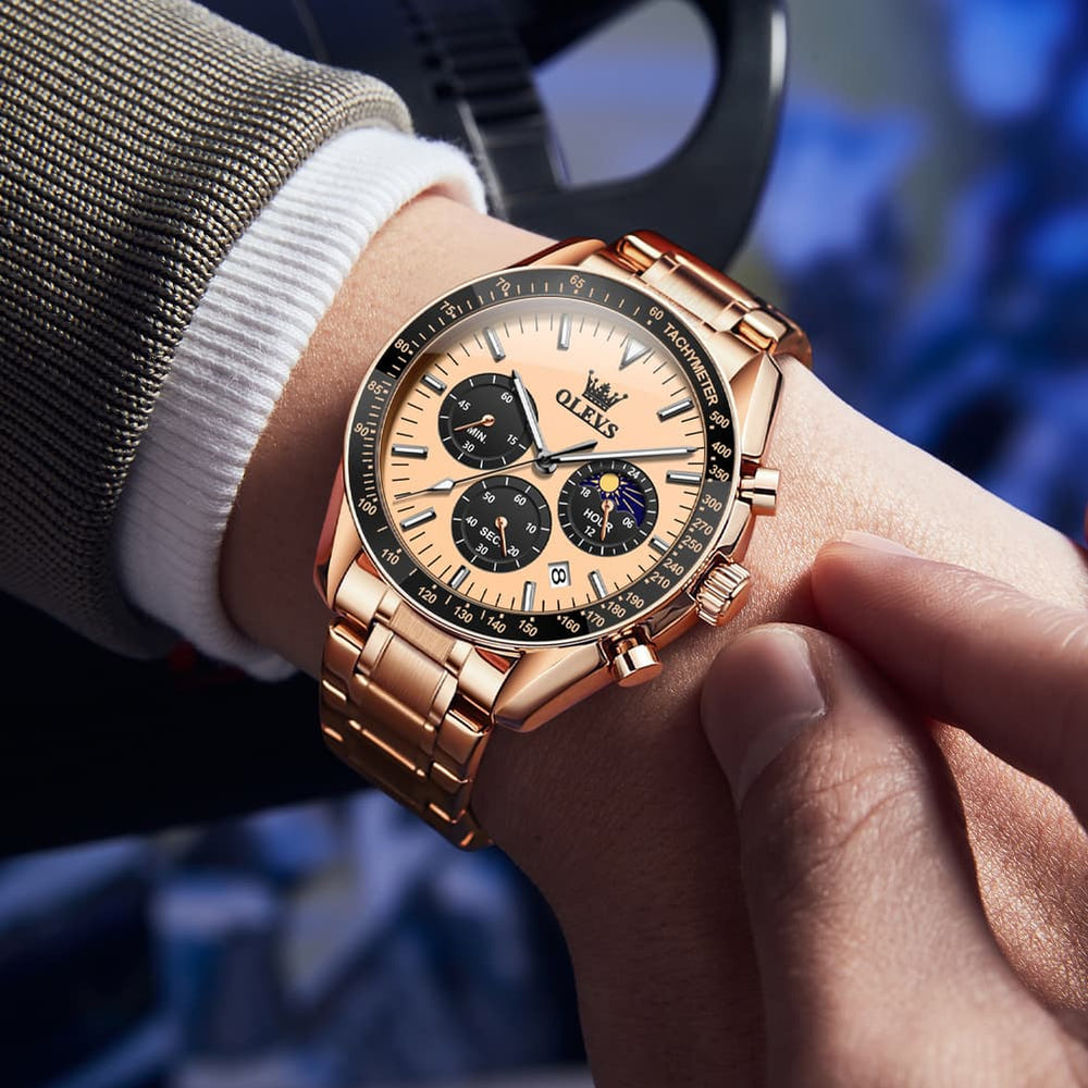 OLEVS 3618 Chronograph Moon Phase Quartz Watch for Men - Rose Gold Watch | Olevs Watch Store
