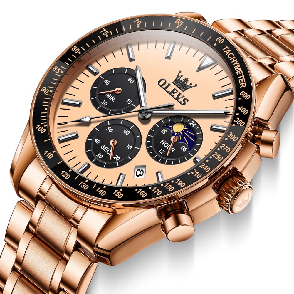 OLEVS 3618 Chronograph Moon Phase Quartz Watch for Men - Rose Gold Watch | Olevs Watch Store