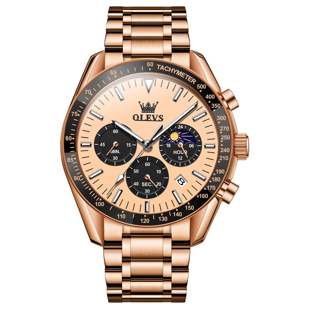 OLEVS 3618 Chronograph Moon Phase Quartz Watch for Men - Rose Gold Watch | Olevs Watch Store