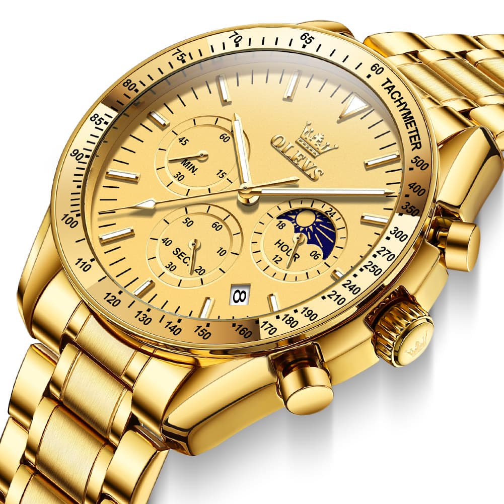OLEVS 3618 Chronograph Moon Phase Quartz Watch for Men - Rose Gold Watch | Olevs Watch Store