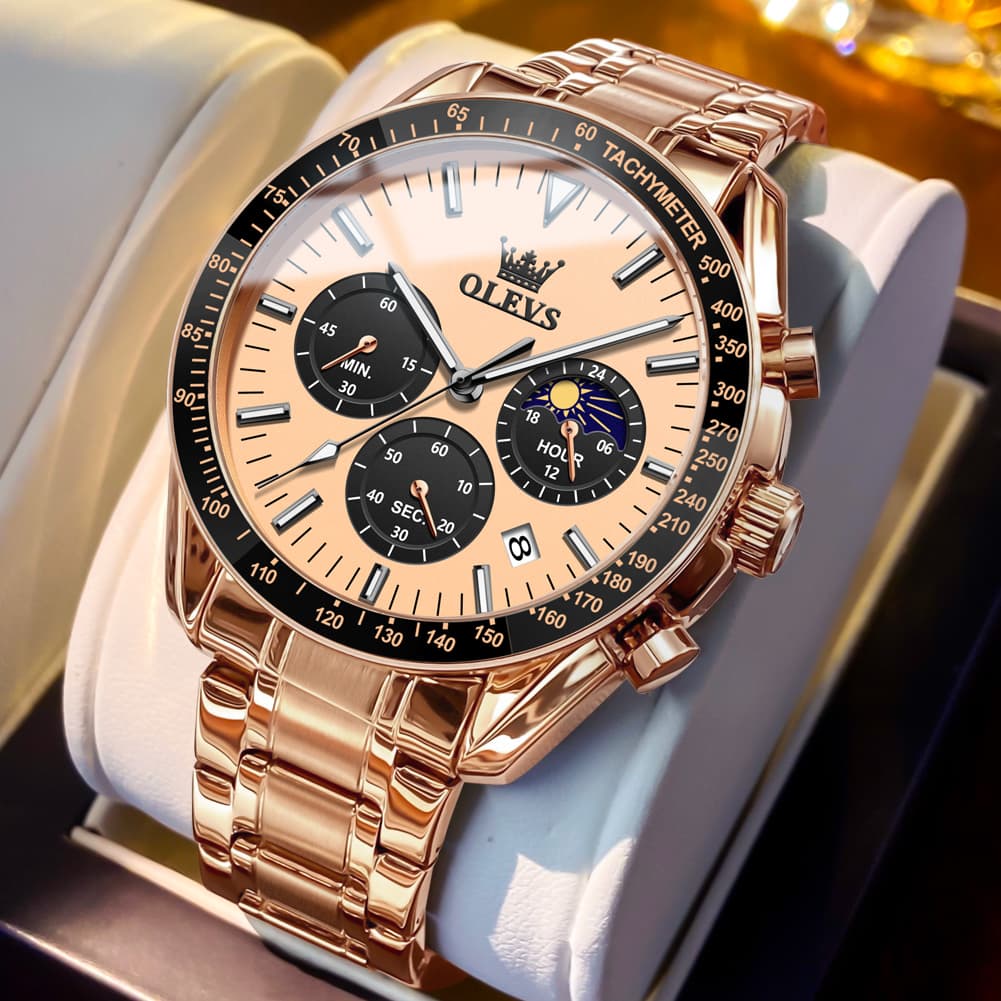 OLEVS 3618 Chronograph Moon Phase Quartz Watch for Men - Rose Gold Watch | Olevs Watch Store
