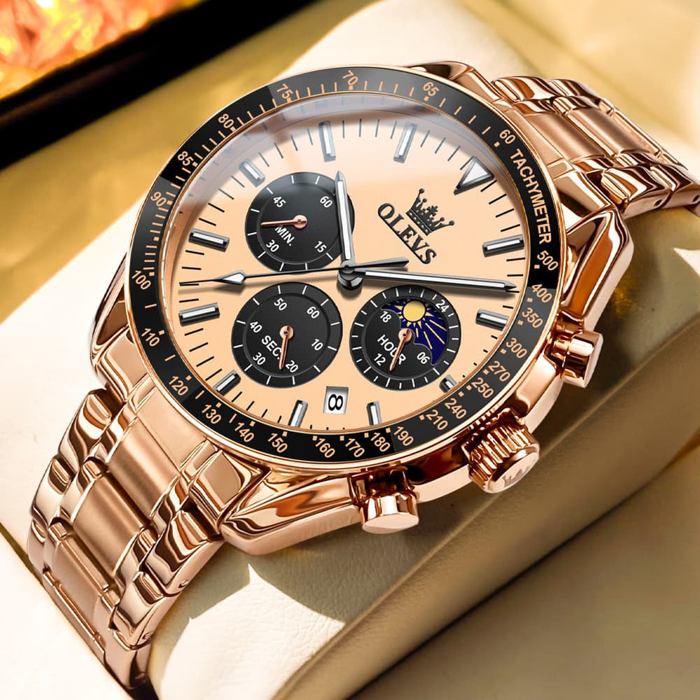 OLEVS 3618 Chronograph Moon Phase Quartz Watch for Men - Rose Gold Watch | Olevs Watch Store