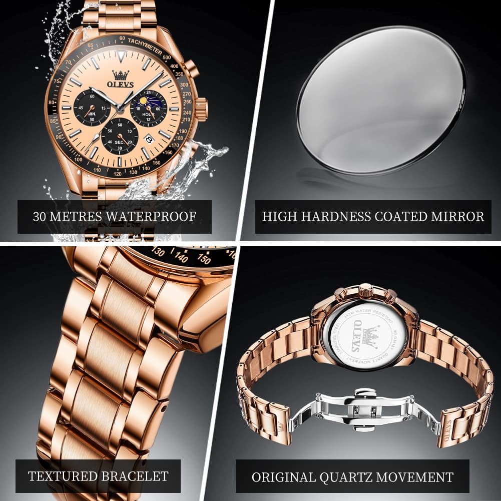 OLEVS 3618 Chronograph Moon Phase Quartz Watch for Men - Rose Gold Watch | Olevs Watch Store