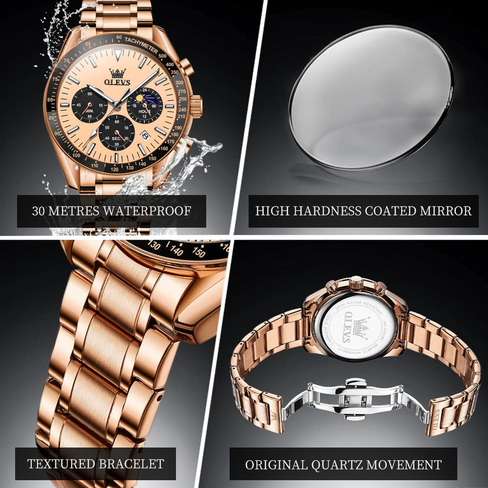 OLEVS 3618 Chronograph Moon Phase Quartz Watch for Men - Rose Gold Watch | Olevs Watch Store