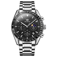 OLEVS 3618 Chronograph Moon Phase Quartz Watch for Men - Silver Black Watch | Olevs Watch Store