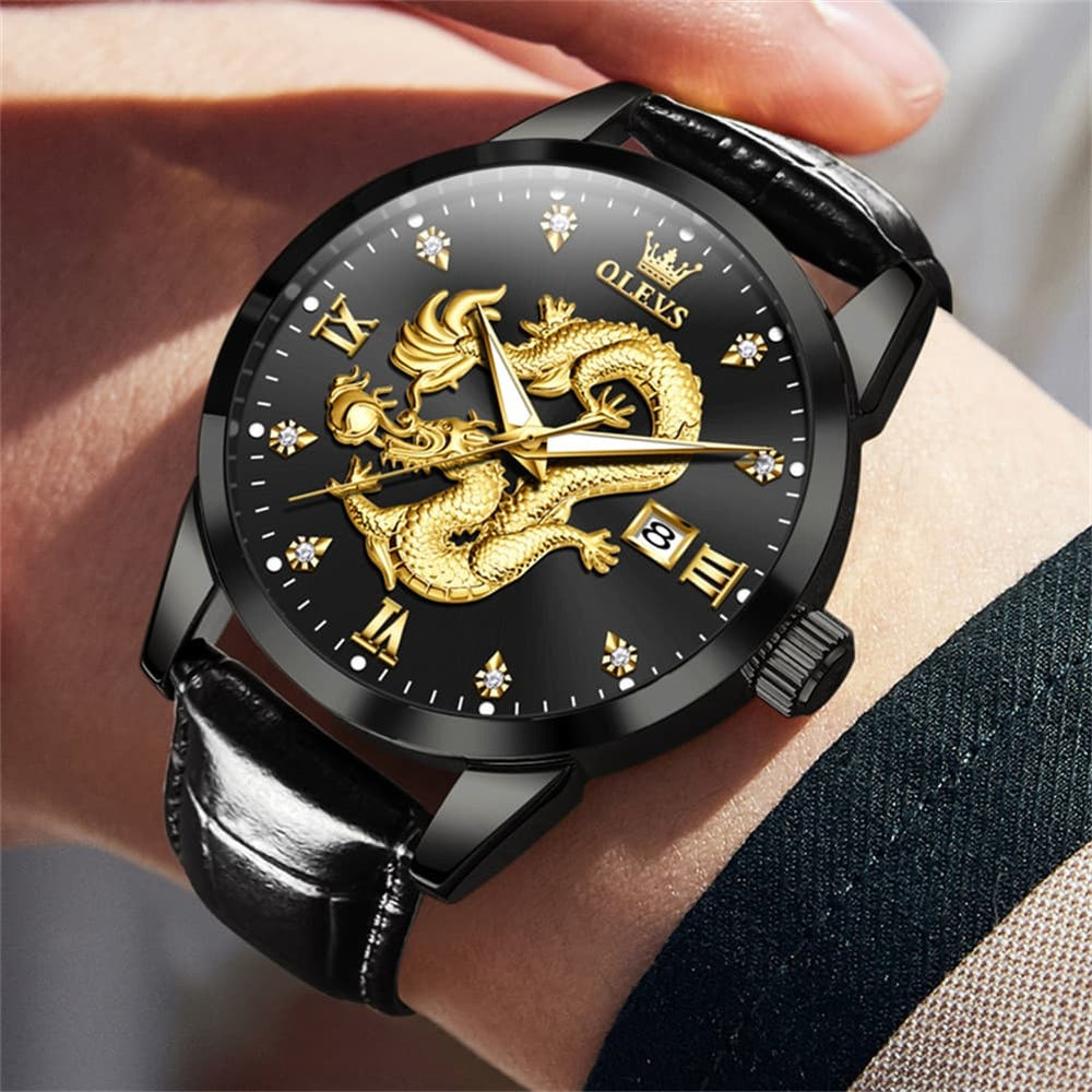 OLEVS 3619 3D Dragon Quartz Watch for Men - Leather Black Watch | Olevs Watch Store