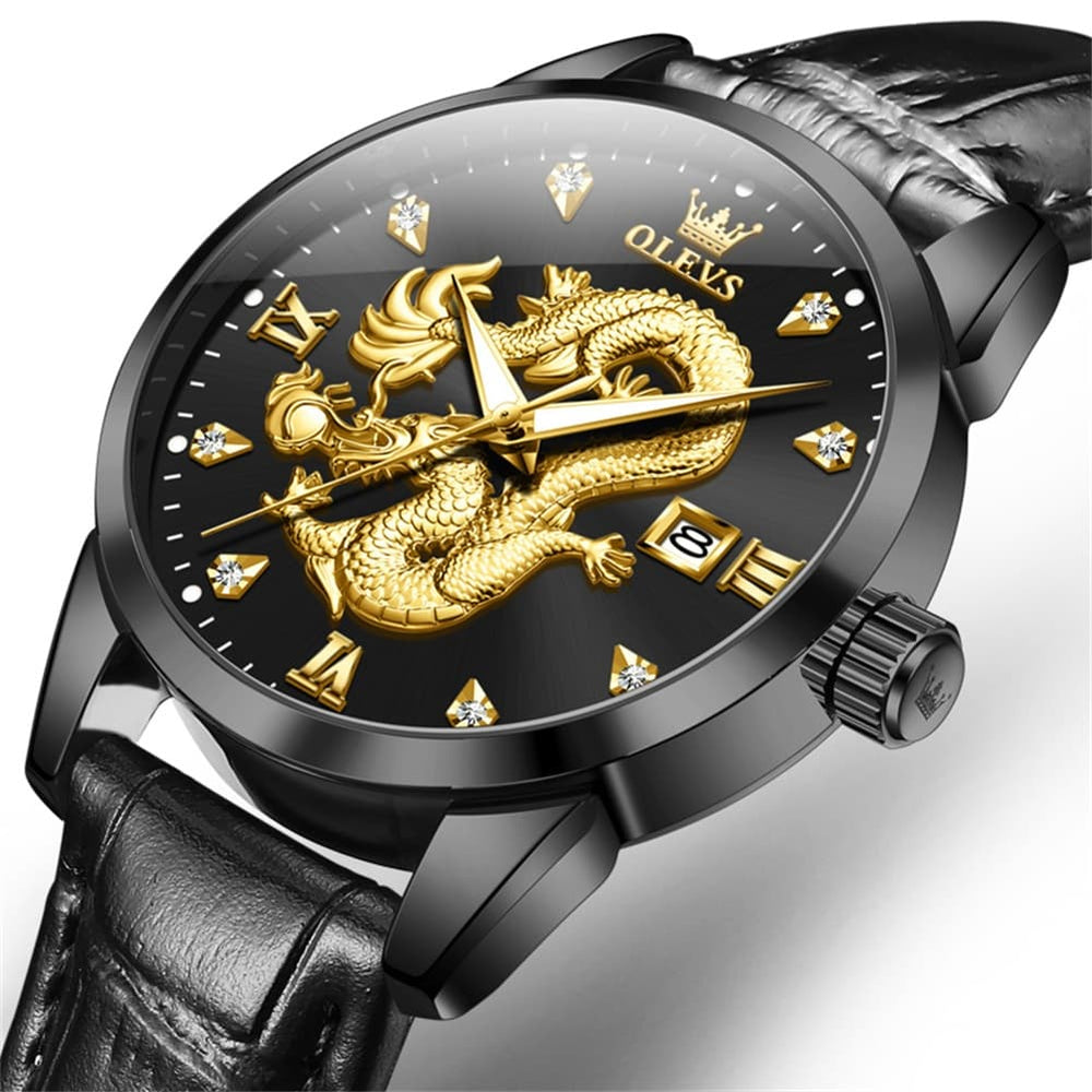 OLEVS 3619 3D Dragon Quartz Watch for Men - Leather Black Watch | Olevs Watch Store