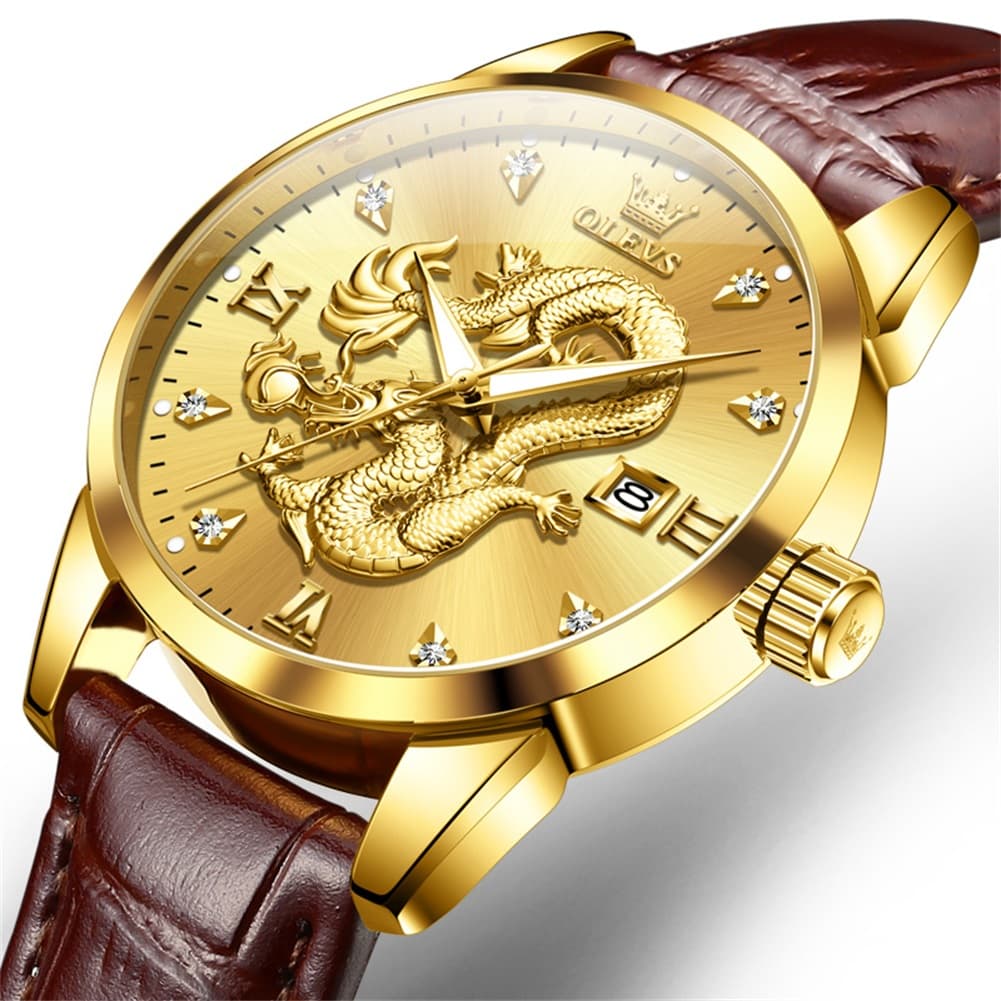 OLEVS 3619 3D Dragon Quartz Watch for Men - Leather Black Watch | Olevs Watch Store