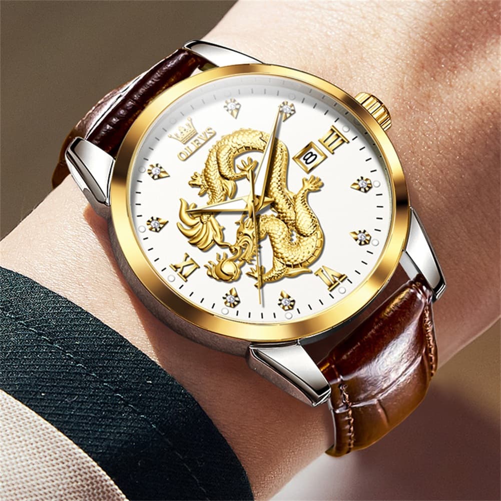 OLEVS 3619 3D Dragon Quartz Watch for Men - Leather Black Watch | Olevs Watch Store