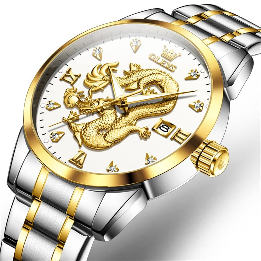 OLEVS 3619 3D Dragon Quartz Watch for Men - Leather Black Watch | Olevs Watch Store