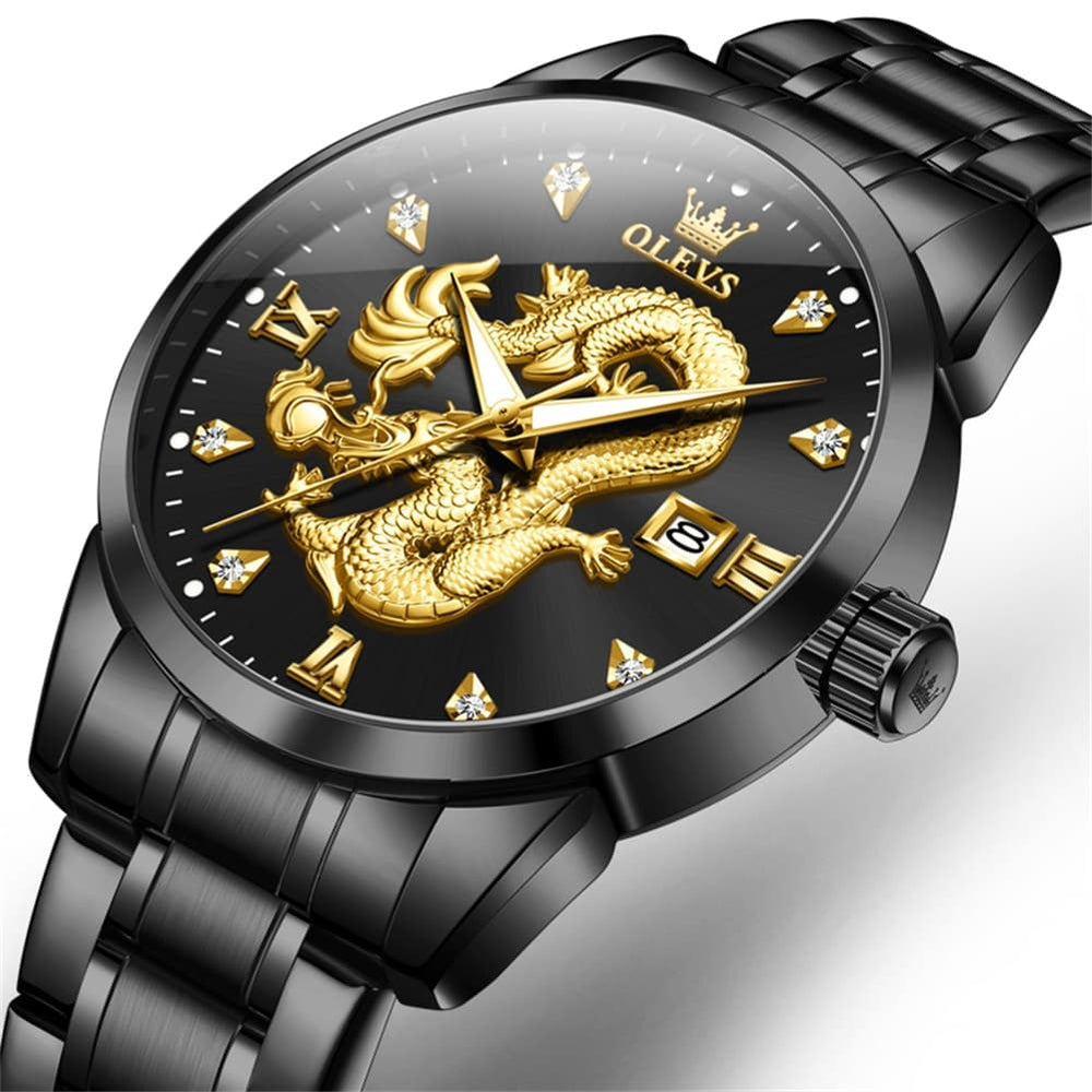 OLEVS 3619 3D Dragon Quartz Watch for Men - Leather Black Watch | Olevs Watch Store