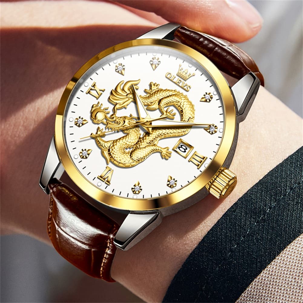 OLEVS 3619 3D Dragon Quartz Watch for Men - Leather Black Watch | Olevs Watch Store