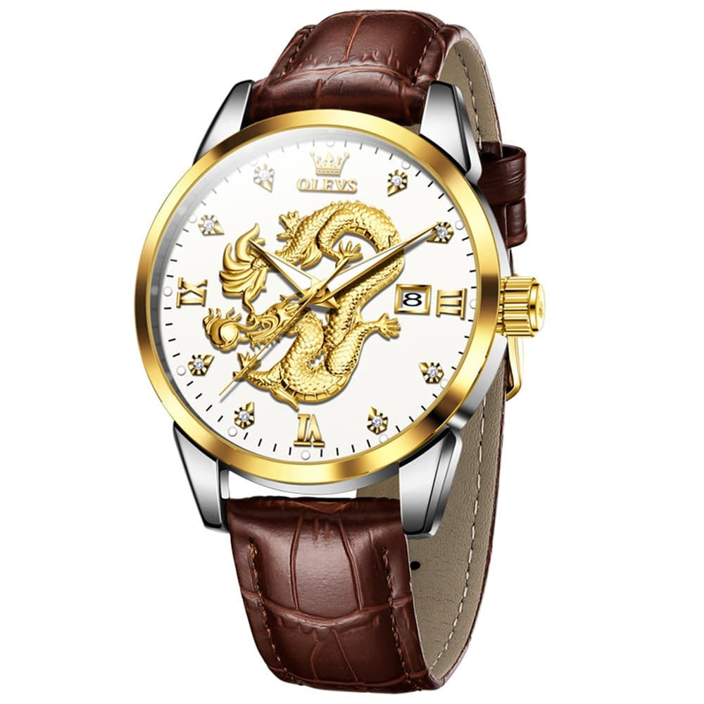 OLEVS 3619 3D Dragon Quartz Watch for Men - Leather Black Watch | Olevs Watch Store