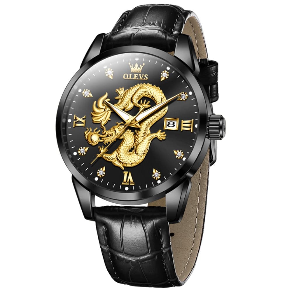 OLEVS 3619 3D Dragon Quartz Watch for Men - Leather Black Watch | Olevs Watch Store