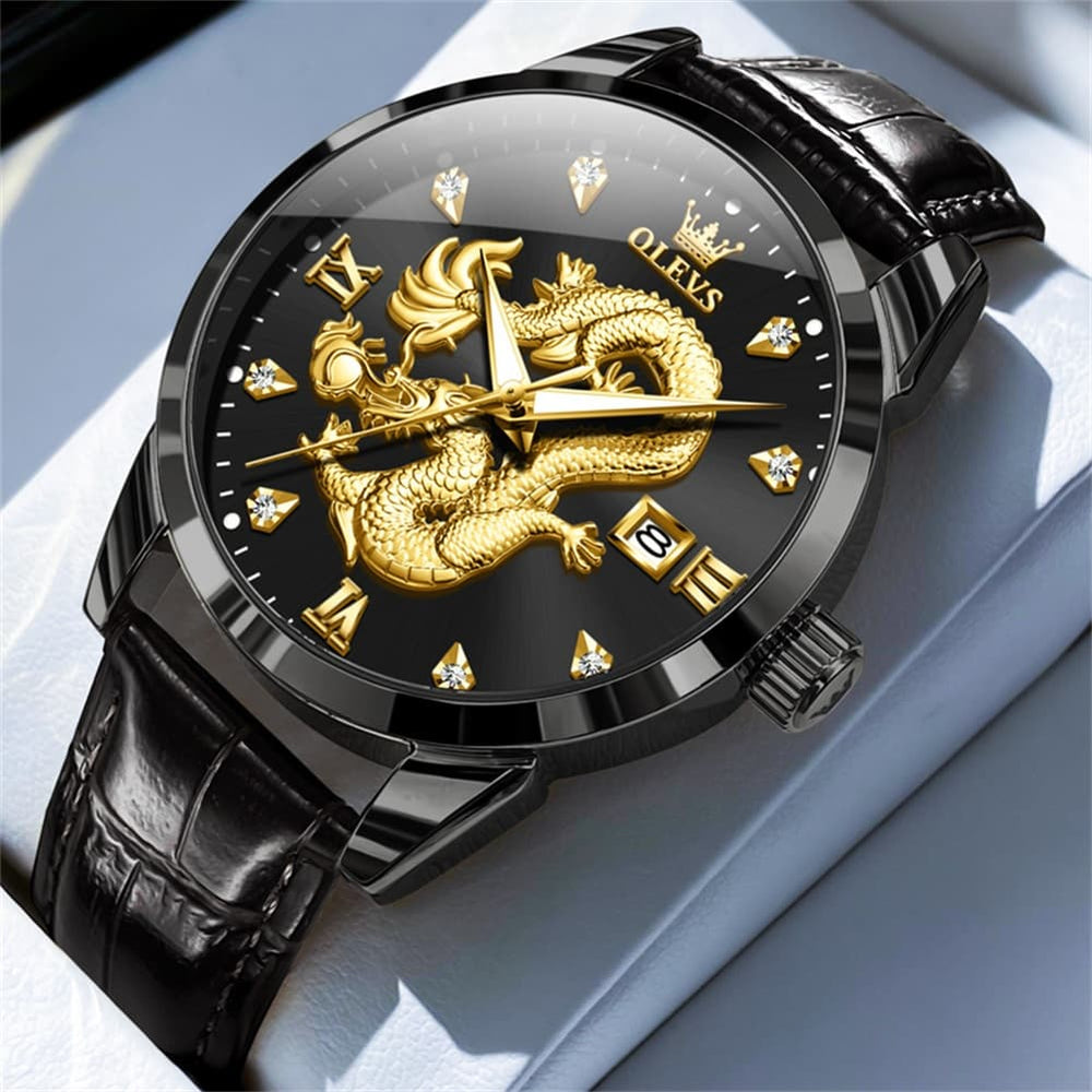 OLEVS 3619 3D Dragon Quartz Watch for Men - Leather Black Watch | Olevs Watch Store