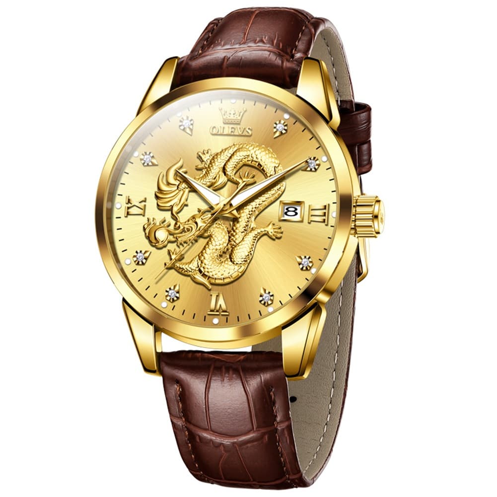 OLEVS 3619 3D Dragon Quartz Watch for Men - Leather Gold Watch | Olevs Watch Store