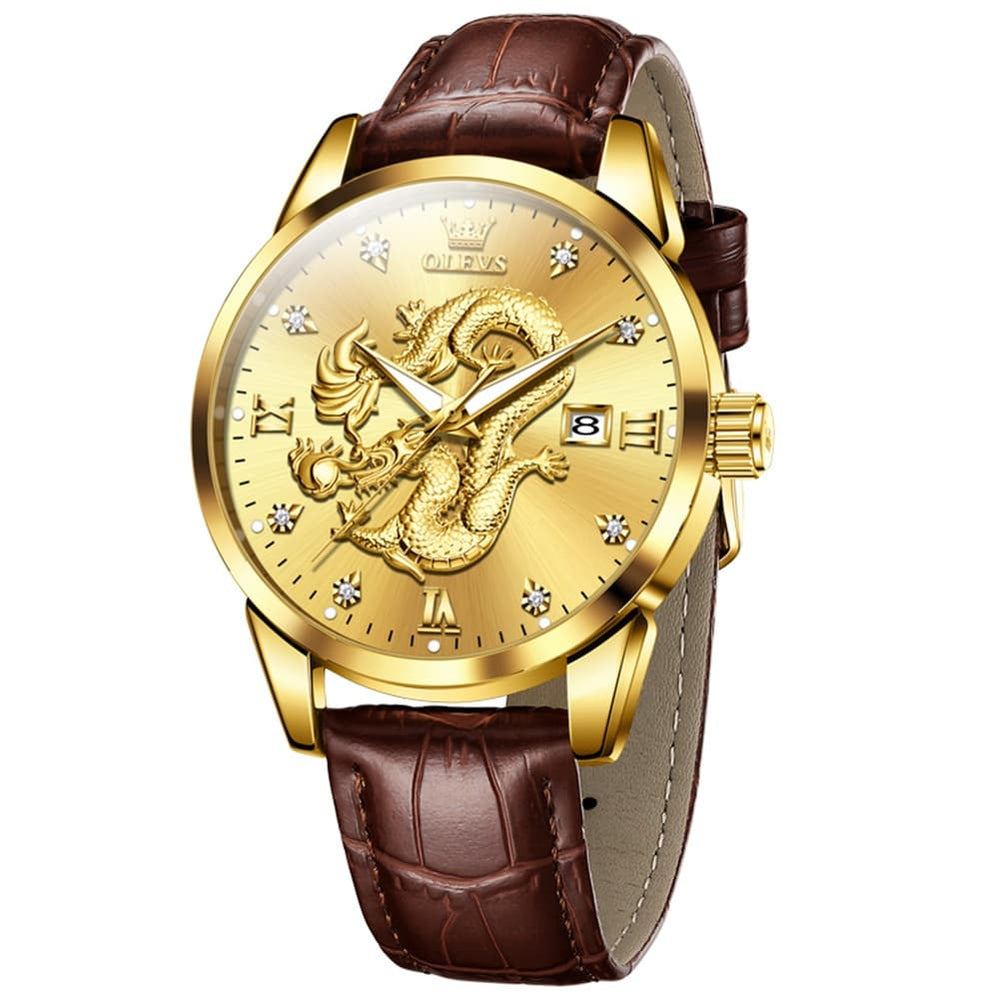 OLEVS 3619 3D Dragon Quartz Watch for Men - Leather Gold Watch | Olevs Watch Store