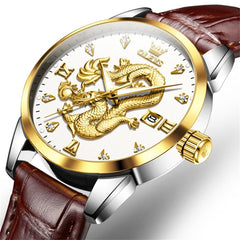 OLEVS 3619 3D Dragon Quartz Watch for Men - Leather White Watch | Olevs Watch Store
