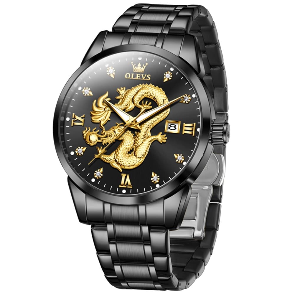 OLEVS 3619 3D Dragon Quartz Watch for Men - Steel Black Watch | Olevs Watch Store