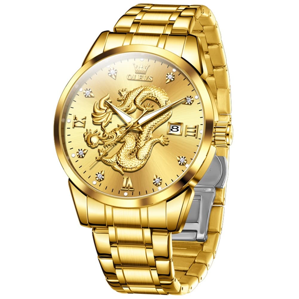 OLEVS 3619 3D Dragon Quartz Watch for Men - Steel Gold Watch | Olevs Watch Store