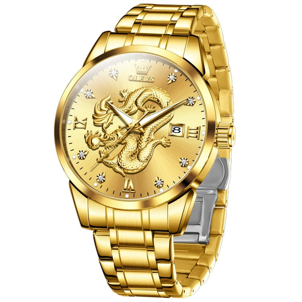 OLEVS 3619 3D Dragon Quartz Watch for Men - Steel Gold Watch | Olevs Watch Store