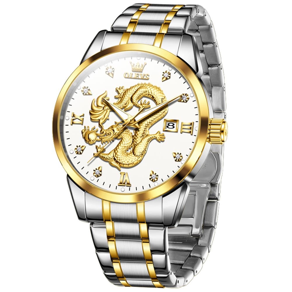 OLEVS 3619 3D Dragon Quartz Watch for Men - Steel White Watch | Olevs Watch Store