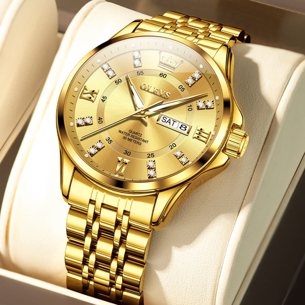 OLEVS 3620 Classic Diamond Quartz Steel Watch for Men - All Gold Watch | Olevs Watch Store
