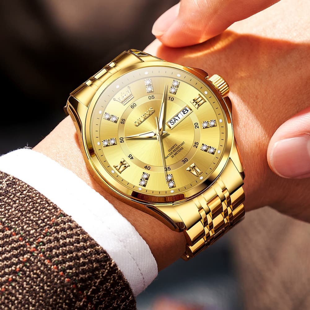 OLEVS 3620 Classic Diamond Quartz Steel Watch for Men - All Gold Watch | Olevs Watch Store