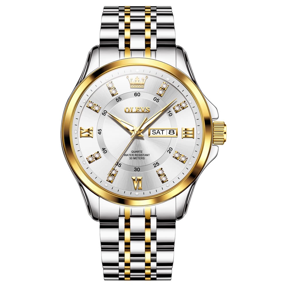 OLEVS 3620 Classic Diamond Quartz Steel Watch for Men - Two Tone White Watch | Olevs Watch Store