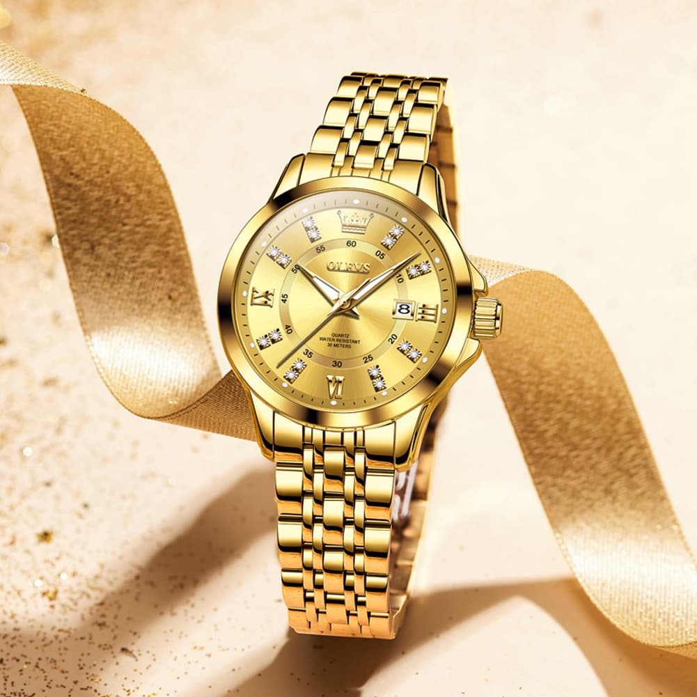 OLEVS 3620 Classic Diamond Quartz Steel Watch for Women - All Gold Watch | Olevs Watch Store
