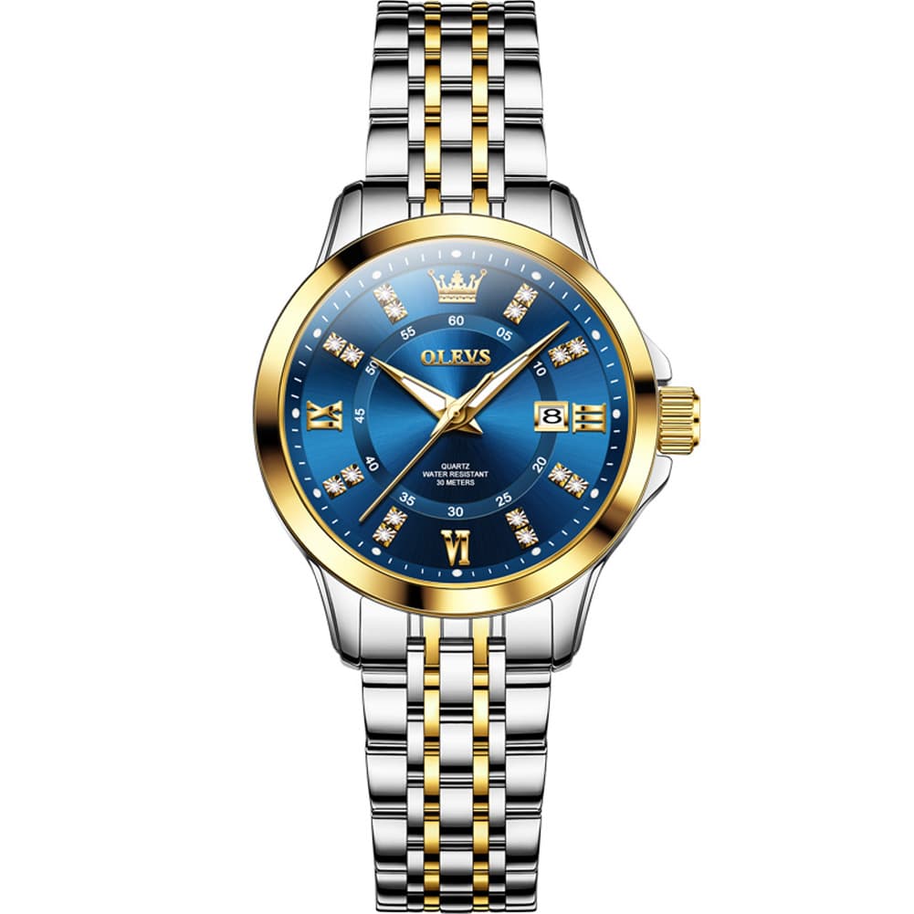OLEVS 3620 Classic Diamond Quartz Steel Watch for Women - Two Tone Blue Watch | Olevs Watch Store