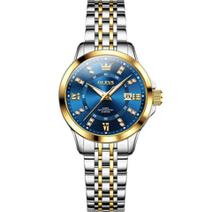 OLEVS 3620 Classic Diamond Quartz Steel Watch for Women - Two Tone Blue Watch | Olevs Watch Store