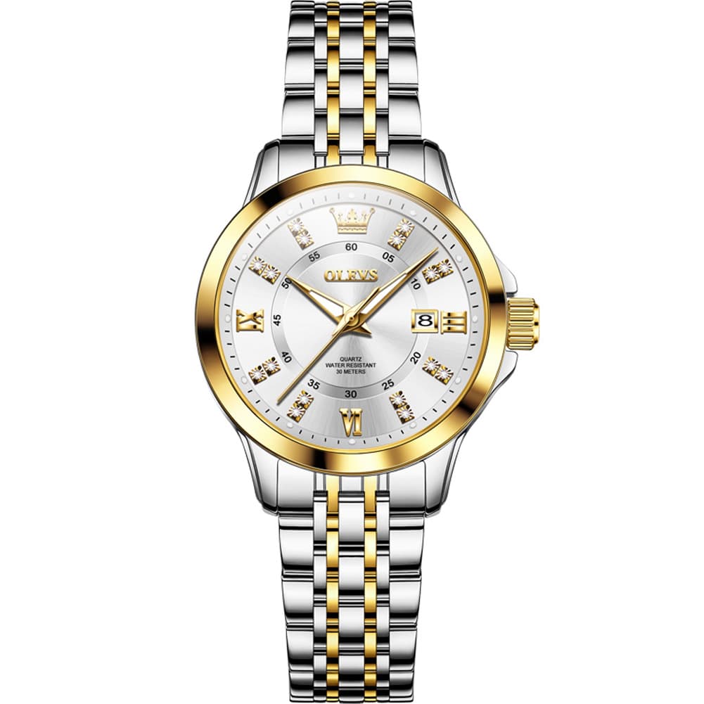 OLEVS 3620 Classic Diamond Quartz Steel Watch for Women - Two Tone White Watch | Olevs Watch Store