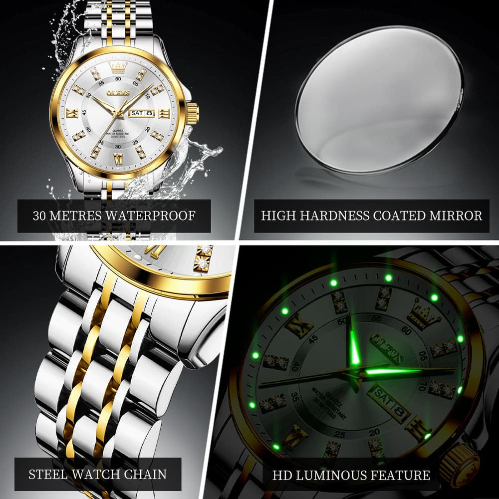 OLEVS 3620Q Classic Diamond Quartz Couple Watches Set - All Gold Watch | Olevs Watch Store