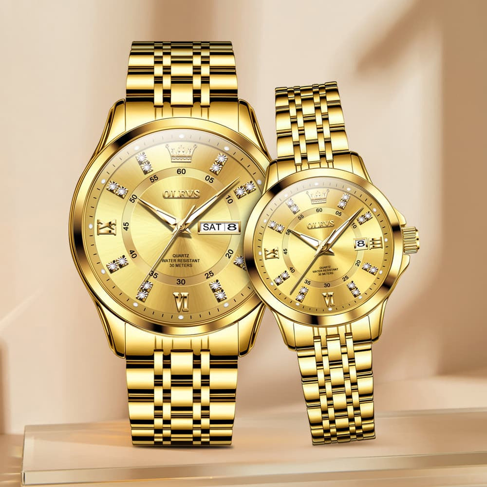OLEVS 3620Q Classic Diamond Quartz Couple Watches Set - All Gold Watch | Olevs Watch Store