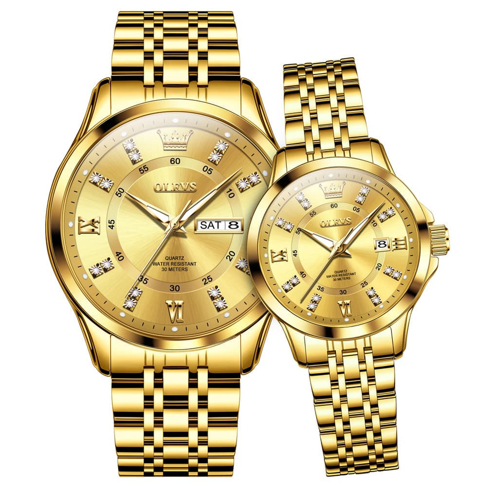 OLEVS 3620Q Classic Diamond Quartz Couple Watches Set - All Gold Watch | Olevs Watch Store