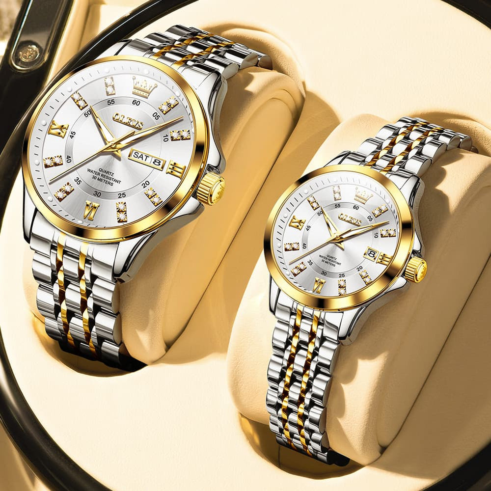 OLEVS 3620Q Classic Diamond Quartz Couple Watches Set - All Gold Watch | Olevs Watch Store