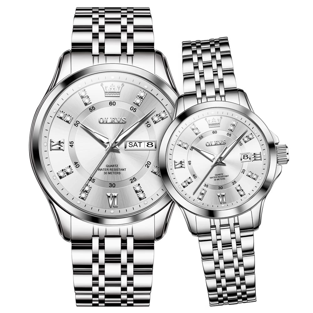 OLEVS 3620Q Classic Diamond Quartz Couple Watches Set - Silver White Watch | Olevs Watch Store