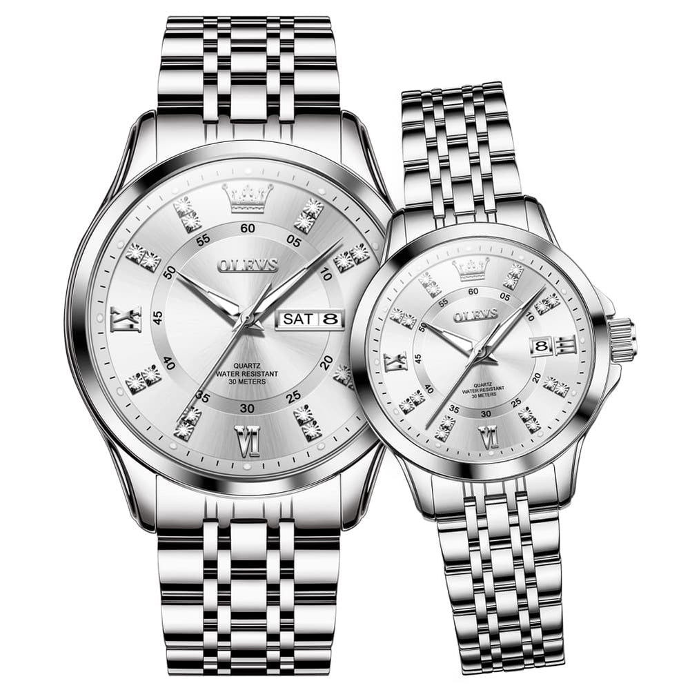 OLEVS 3620Q Classic Diamond Quartz Couple Watches Set - Silver White Watch | Olevs Watch Store