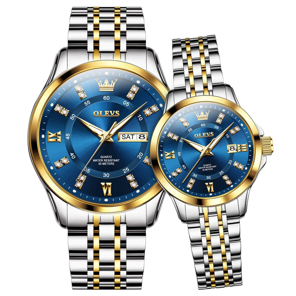 OLEVS 3620Q Classic Diamond Quartz Couple Watches Set - Two Tone Blue Watch | Olevs Watch Store