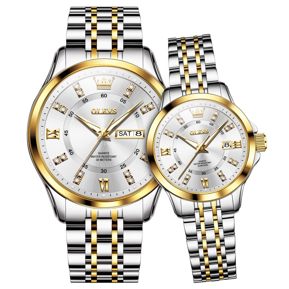 OLEVS 3620Q Classic Diamond Quartz Couple Watches Set - Two Tone White Watch | Olevs Watch Store