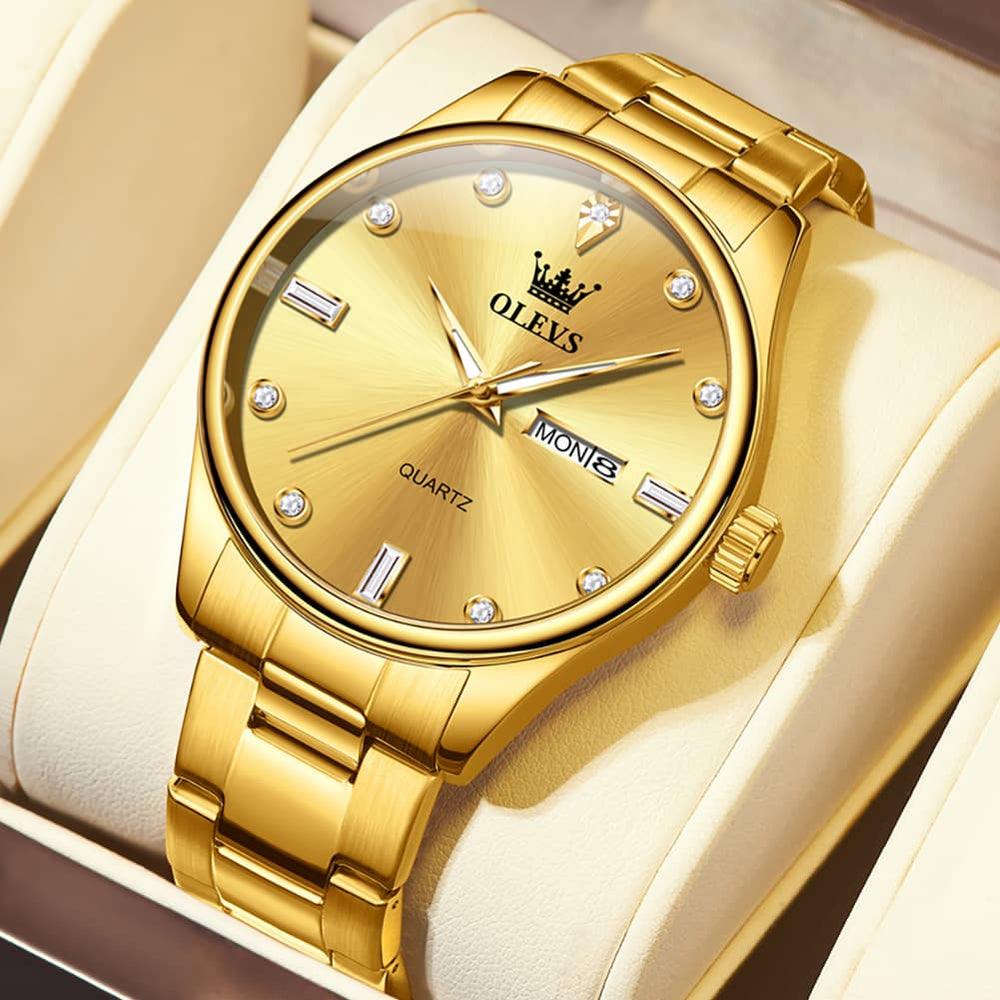 OLEVS 3621 Minimalist Diamond Quartz Watch for Men - All Gold Watch | Olevs Watch Store