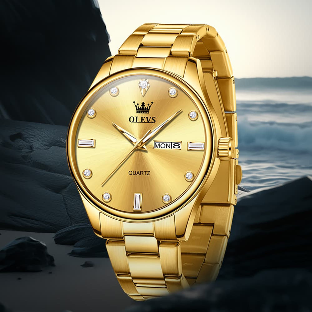 OLEVS 3621 Minimalist Diamond Quartz Watch for Men - All Gold Watch | Olevs Watch Store