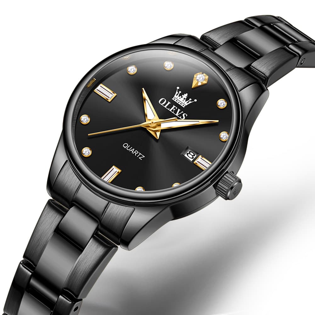 OLEVS 3621NS Minimalist Diamond Quartz Steel Watch for Women - All Black Watch | Olevs Watch Store