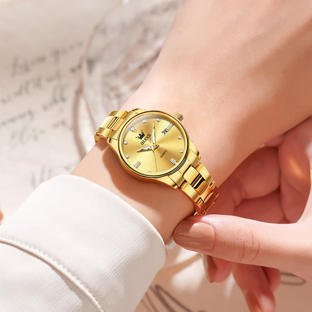 OLEVS 3621NS Minimalist Diamond Quartz Steel Watch for Women - All Gold Watch | Olevs Watch Store