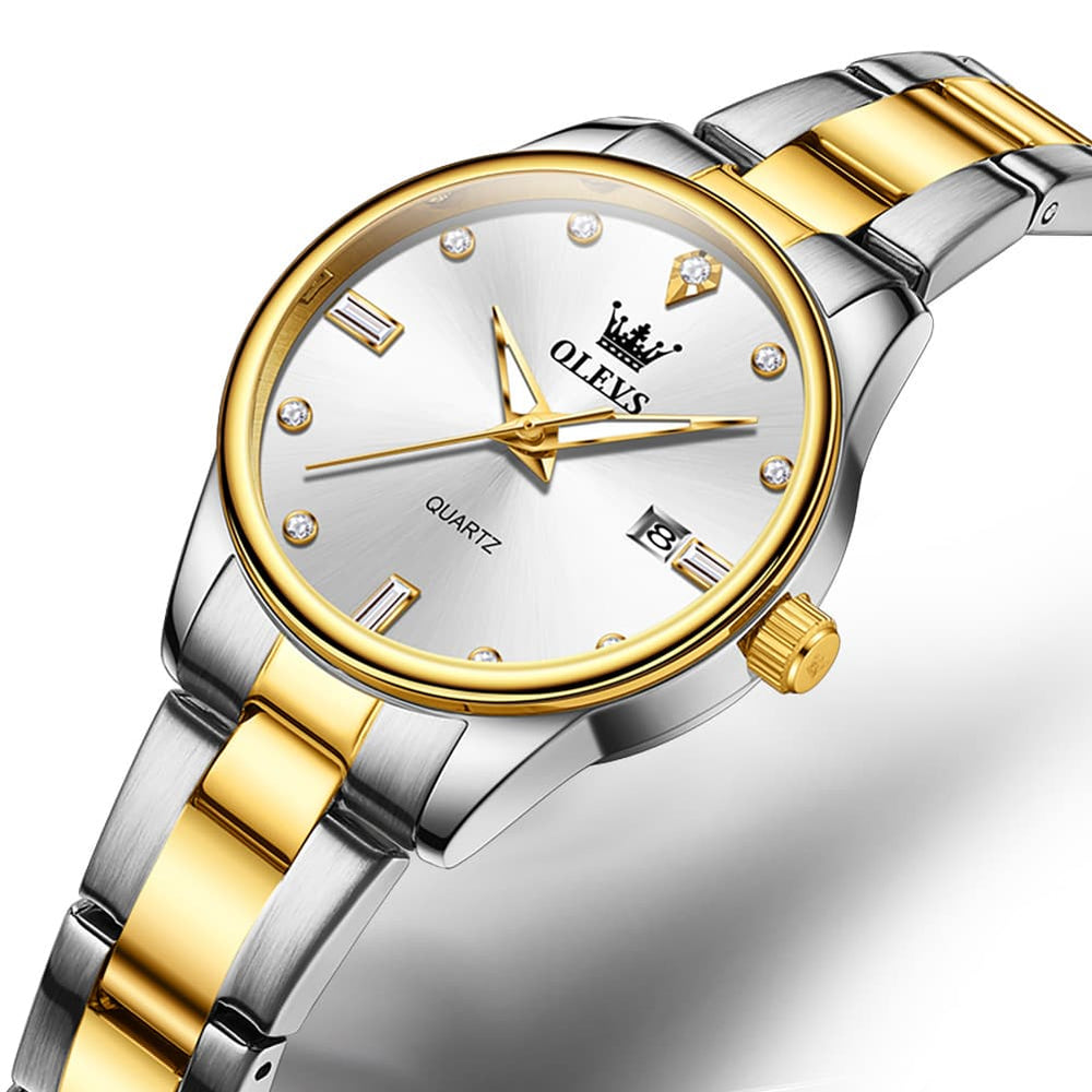 OLEVS 3621NS Minimalist Diamond Quartz Steel Watch for Women - Two Tone White Watch | Olevs Watch Store